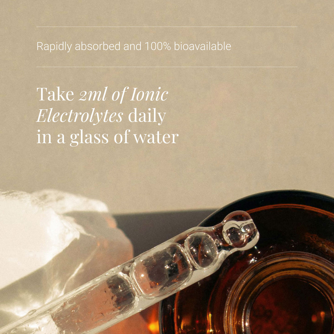 Ionic Electrolytes bottles with text on a beige background