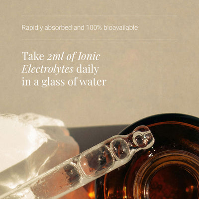 Ionic Electrolytes bottles with text on a beige background
