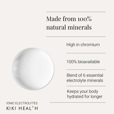 Ionic electrolyte supplement with text about natural minerals and benefits on pale background