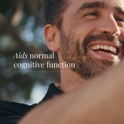 Ionic Iron supplement with text overlay 'Aids normal cognitive function' on lifestyle background