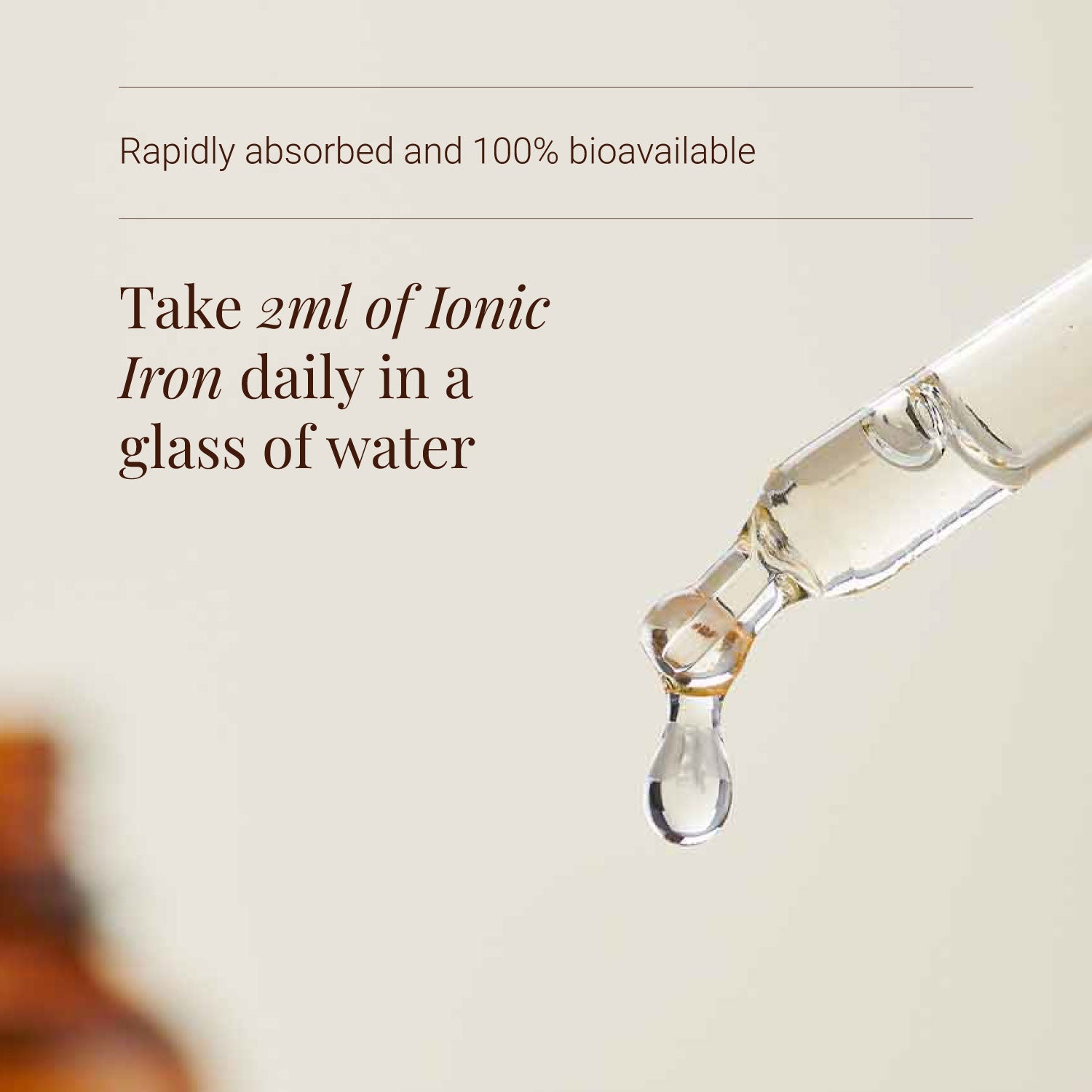 Ionic Iron supplement with dropper with liquid being dispensed, text about Ionic Iron supplement on a light background