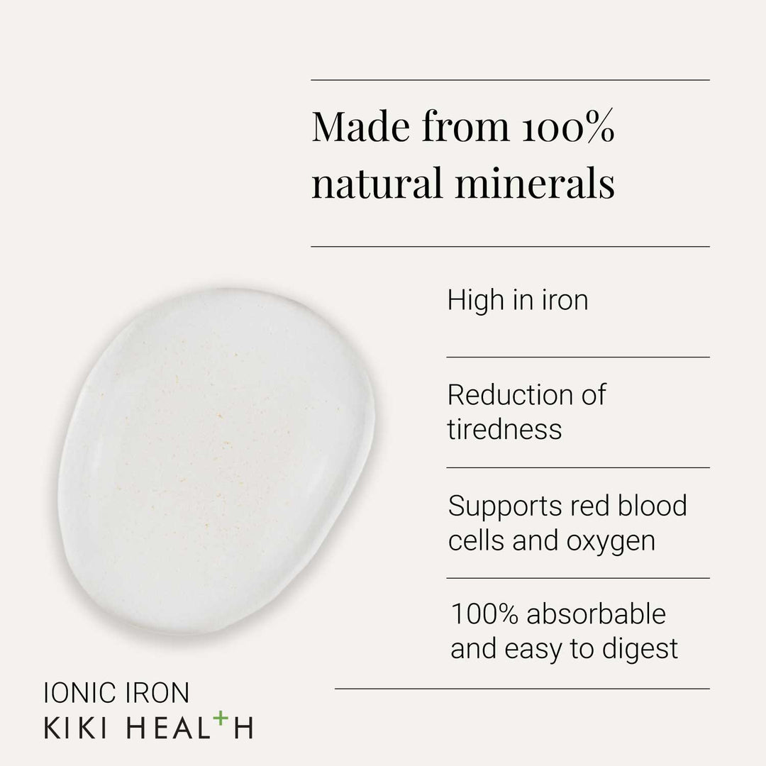 Ionic Iron supplement with text about natural minerals and health benefits on a white background