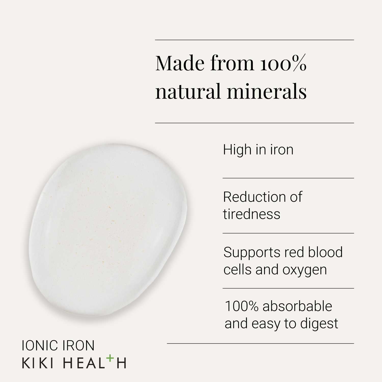 Ionic Iron supplement with text about natural minerals and health benefits on a white background