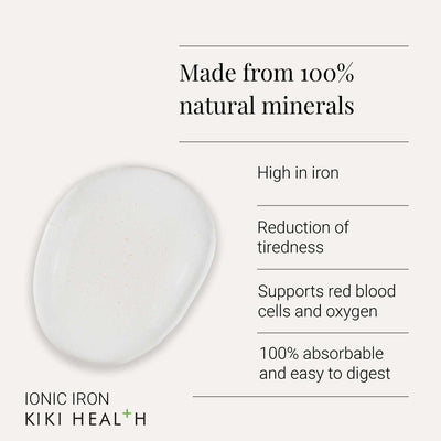 Ionic Iron supplement with text about natural minerals and health benefits on a white background