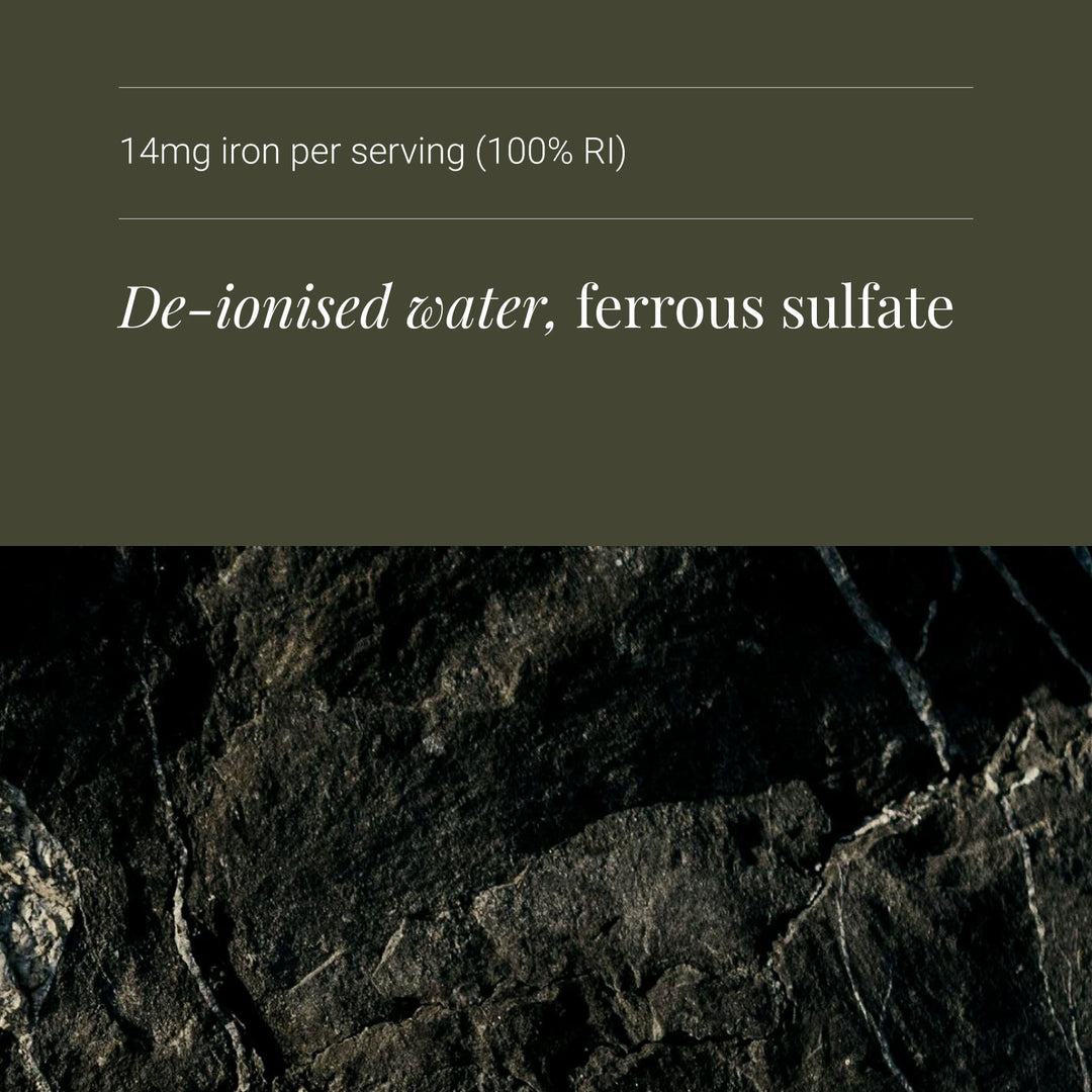 Ionic Iron supplement text on a dark background with de-ionized water and ferrous sulfate ingredients