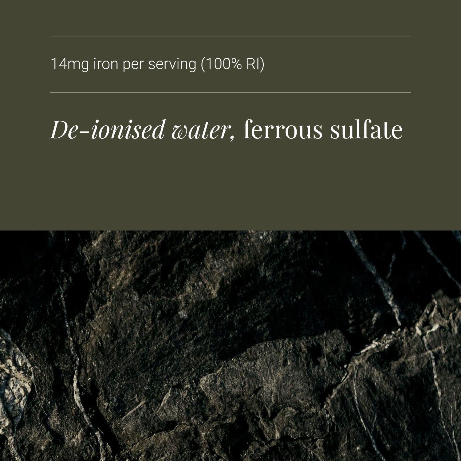 Ionic Iron supplement text on a dark background with de-ionized water and ferrous sulfate ingredients
