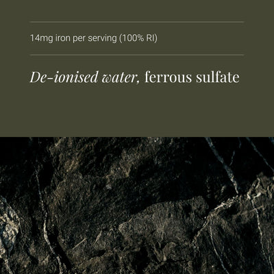 Ionic Iron supplement text on a dark background with de-ionized water and ferrous sulfate ingredients