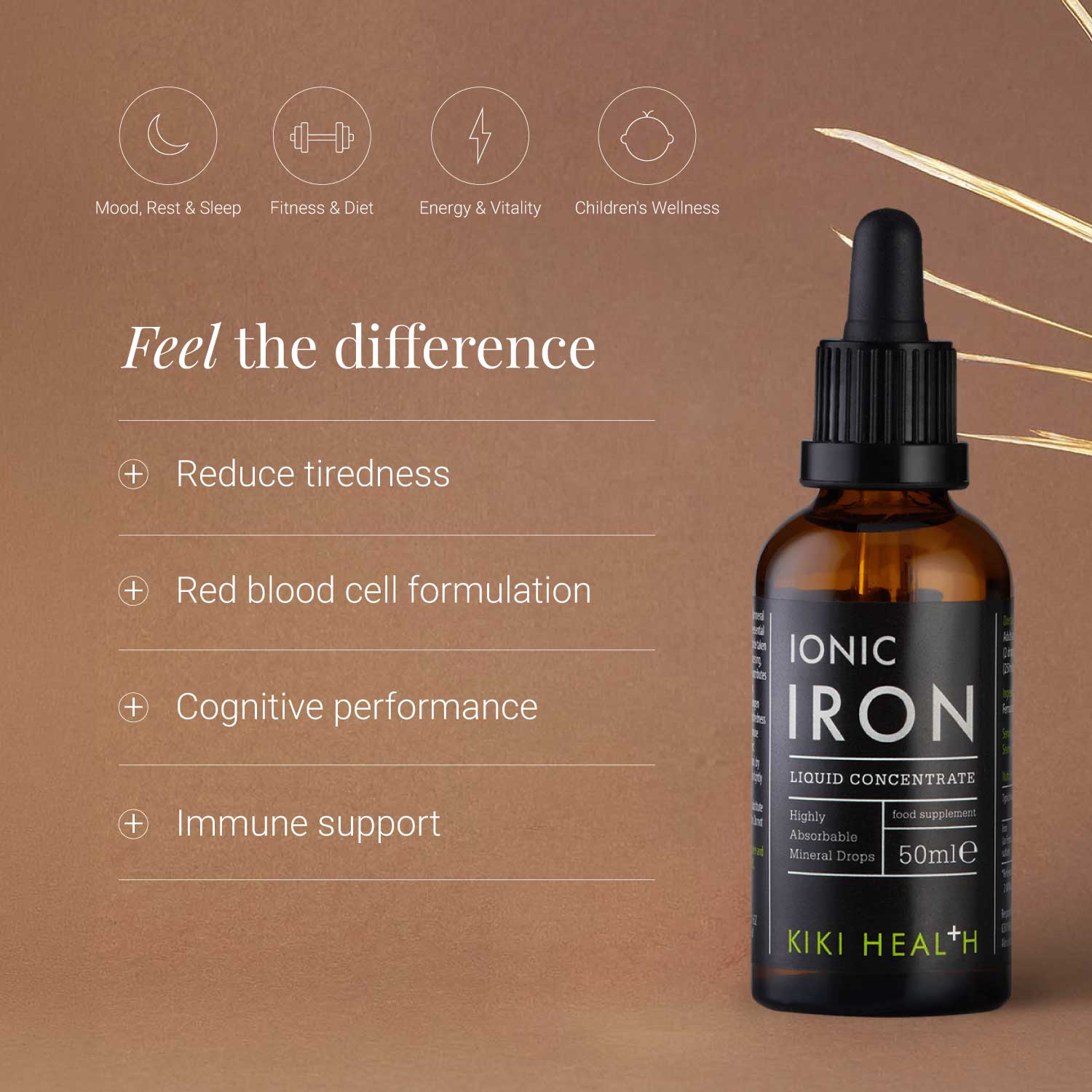 Ionic Iron liquid concentrate bottle on a brown background with product benefits listed