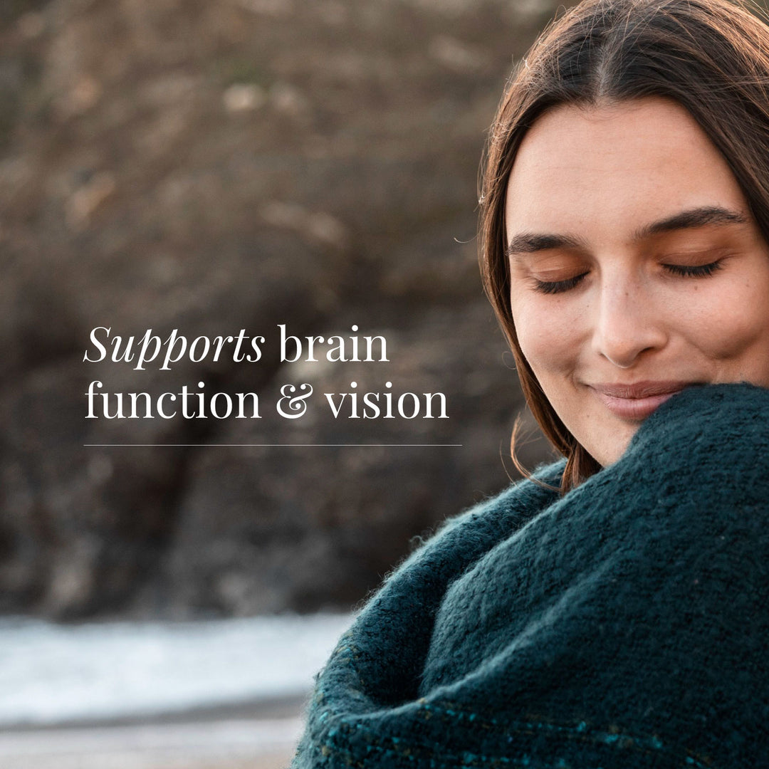 Krill oil text overlay about brain function and vision support on lifestyle background