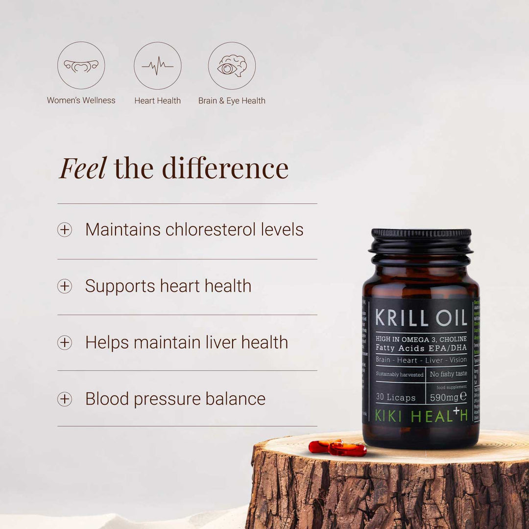 Krill Oil bottle with benefits listed on a light grey background