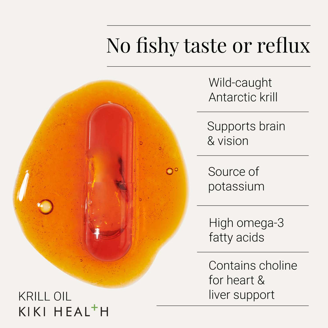 Krill oil capsule with benefits listed on a white background