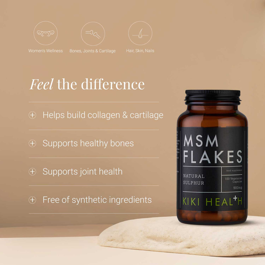 Bottle of MSM Flakes with benefits listed on a beige background