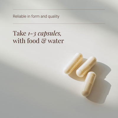 Three MSM capsules on a light grey background with text about taking capsules with food and water