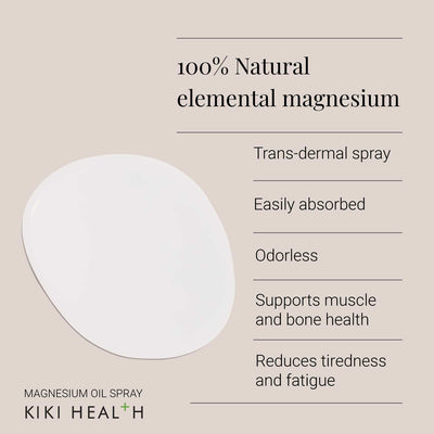 Magnesium oil spray benefits with text on a beige background