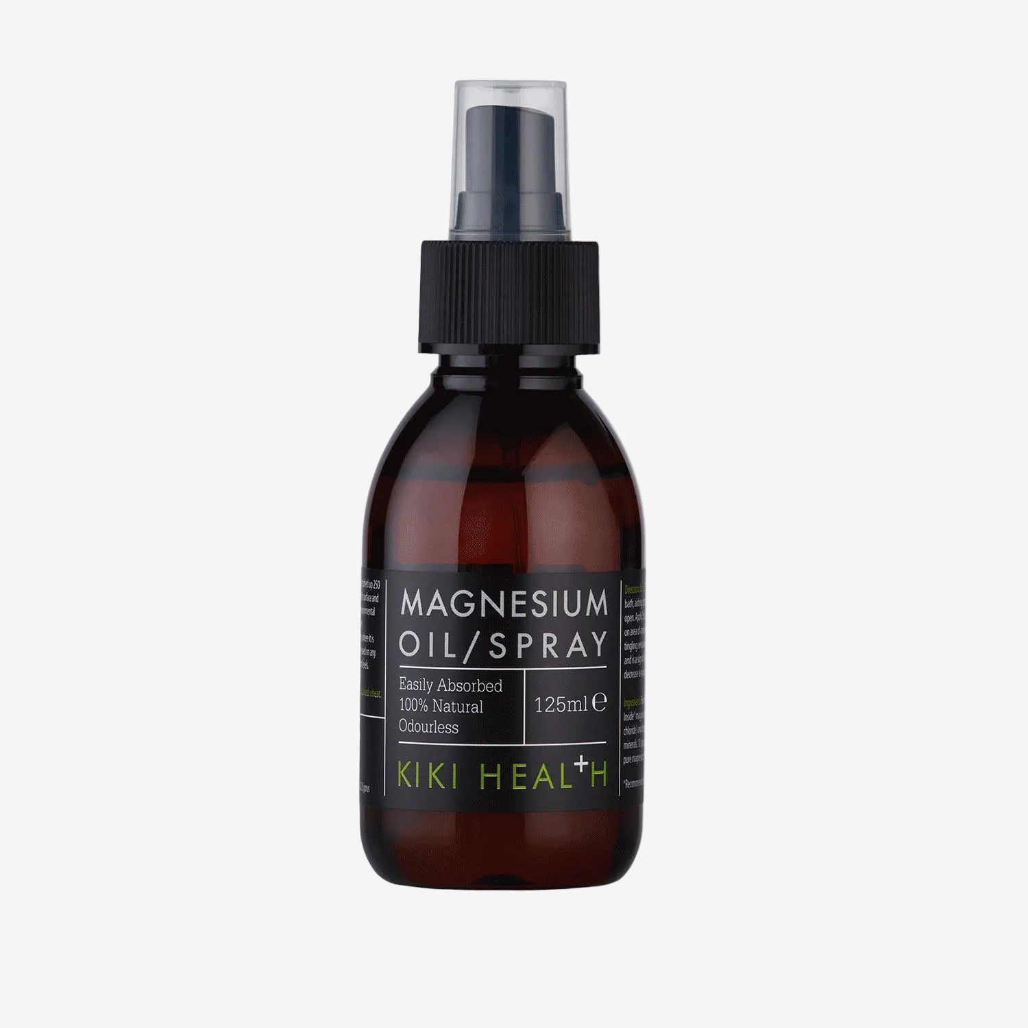 Bottle of magnesium oil spray by Kiki Health on a white background