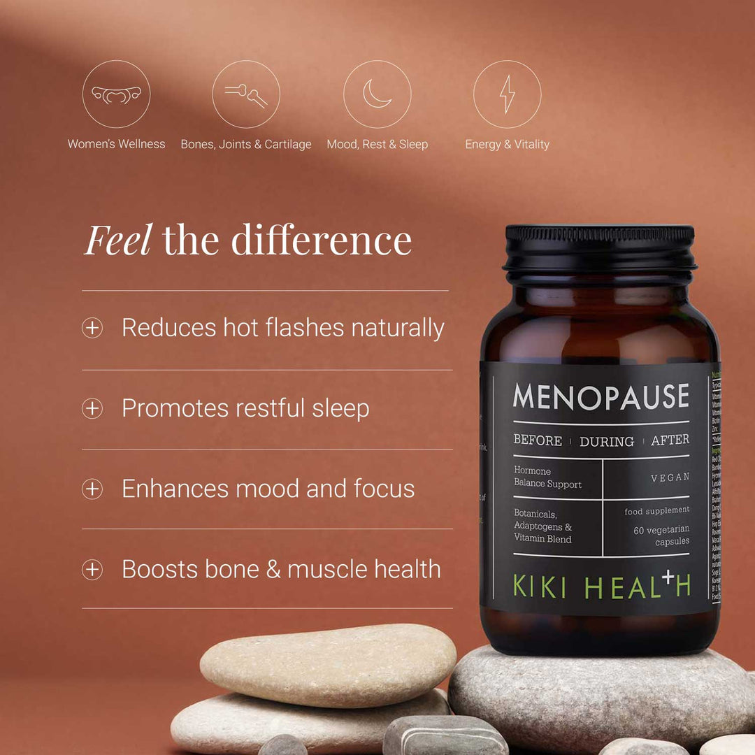 Menopause supplement bottle with benefits listed on a brown background