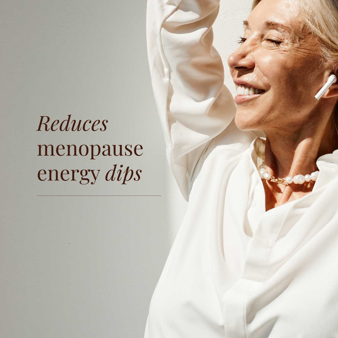 Menopause supplement with text 'Reduces menopause energy dips' on a light grey background