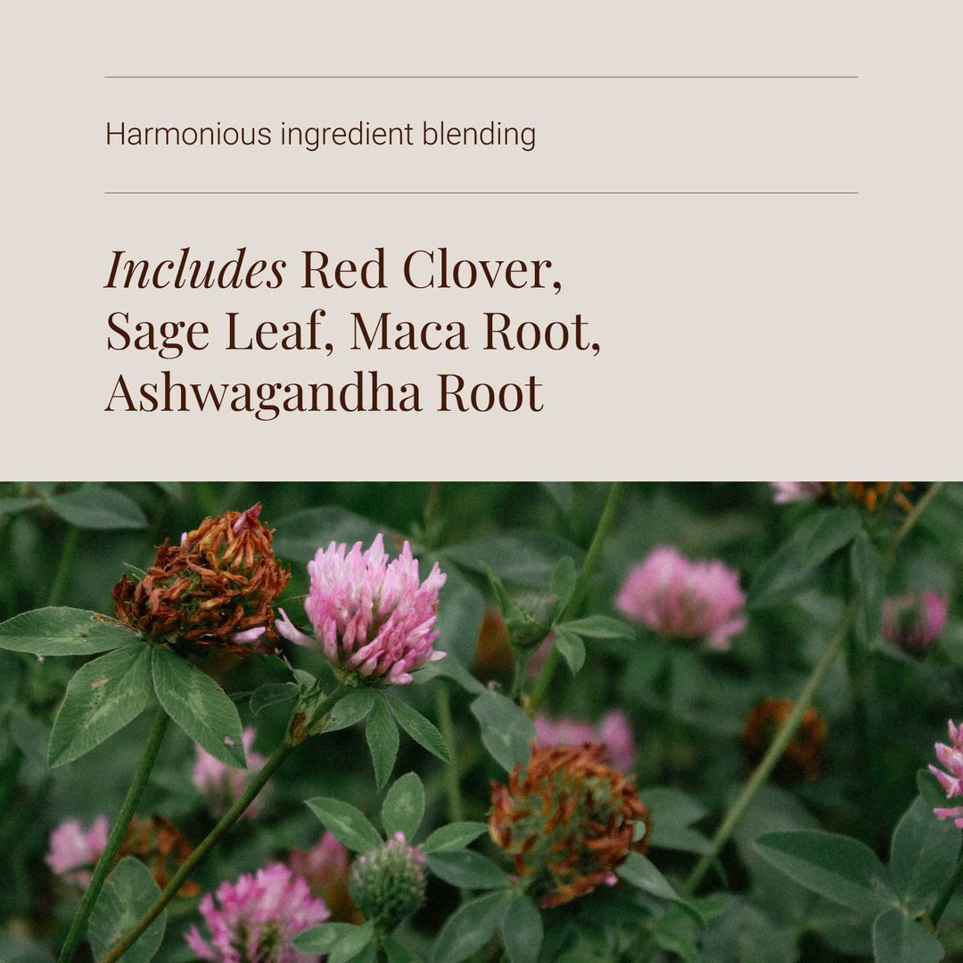 Menopause supplement with text about ingredient blending on a beige background