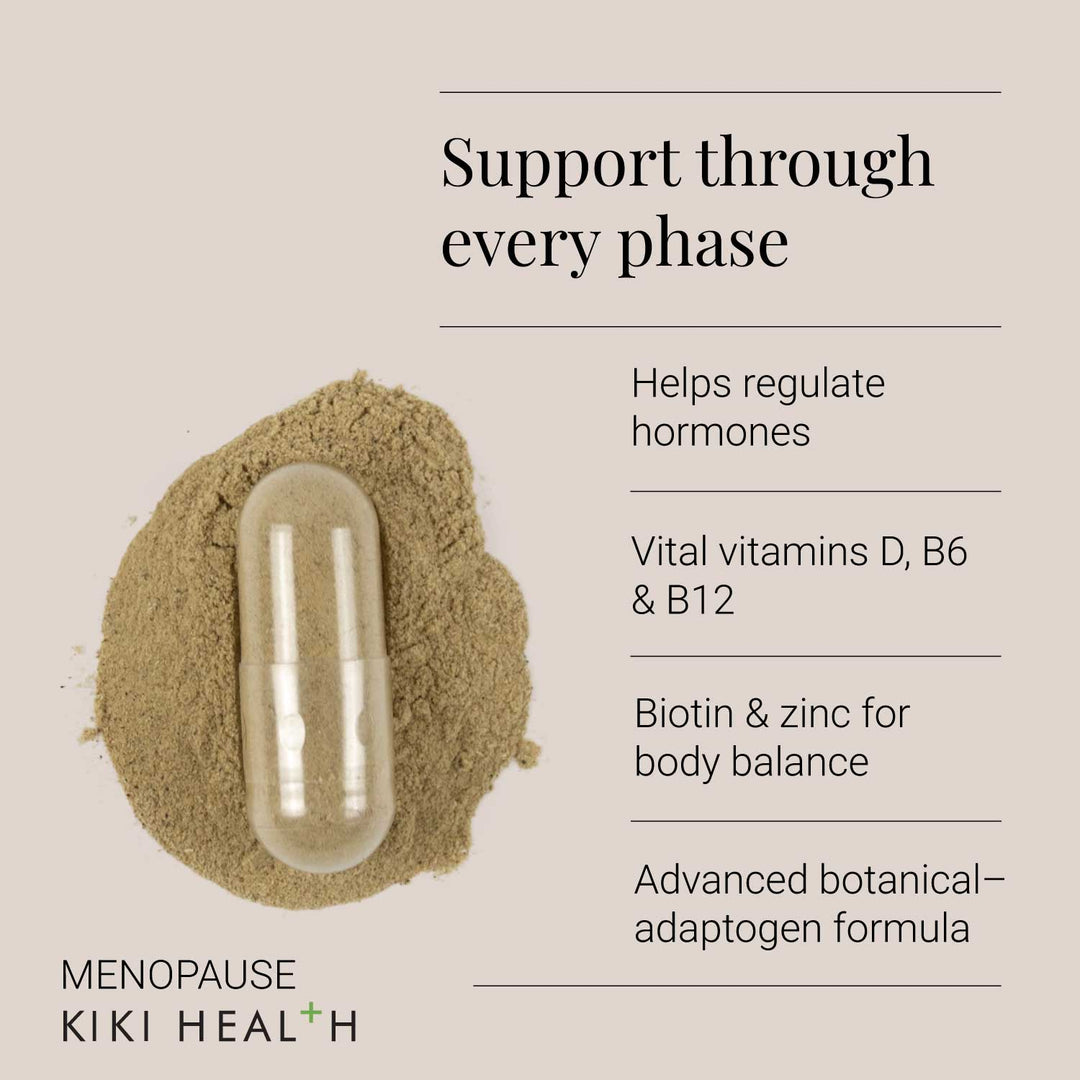 Menopause supplement capsule with powder around it on a beige background