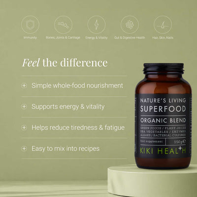 Superfood bottle on a green background with product benefits listed.