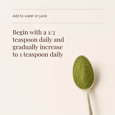 Spoon with green powder and text on a light background