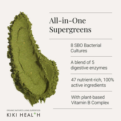 Superfood powder supplement ingredients and product details on a white background