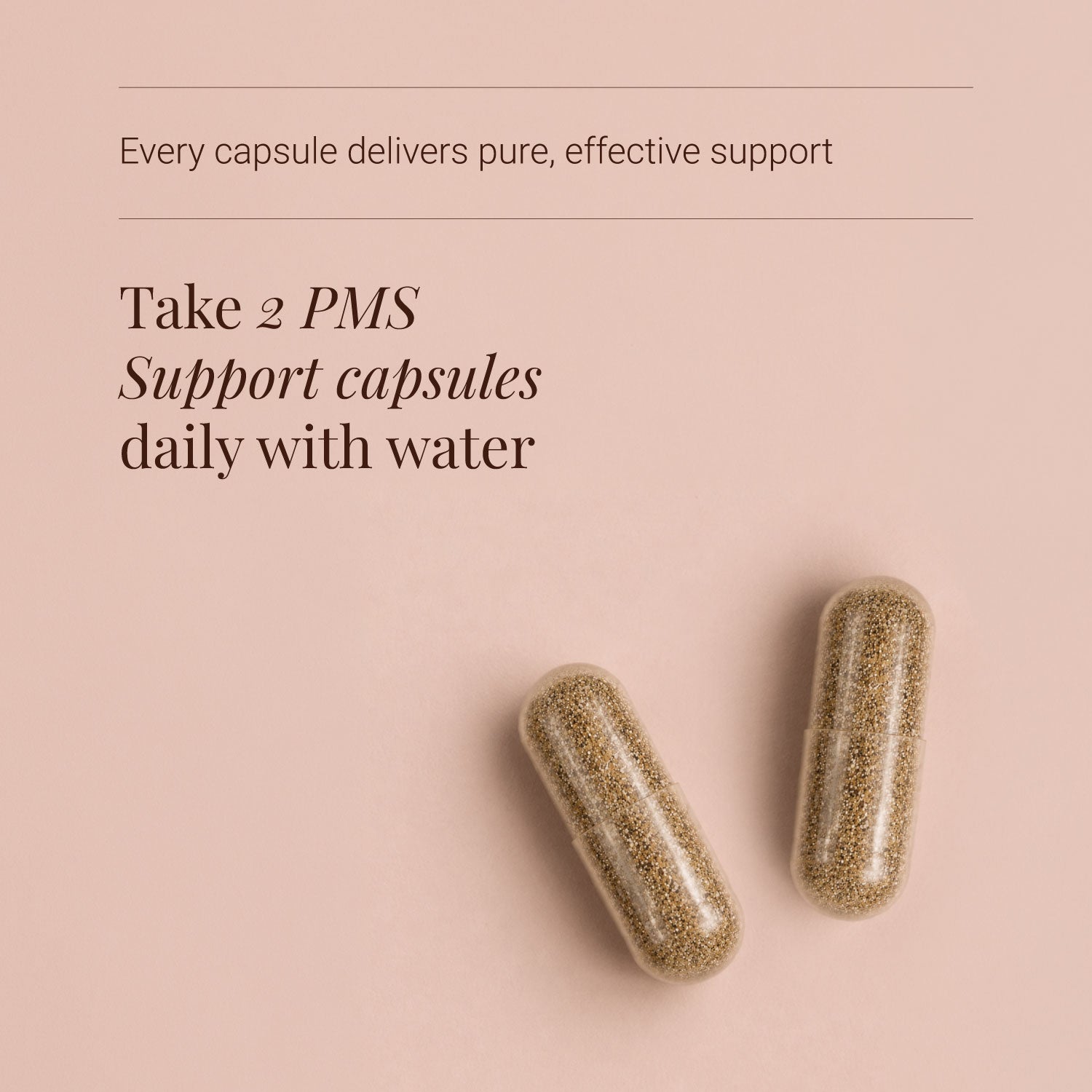 PMS Support capsules on a pink background with text about daily consumption
