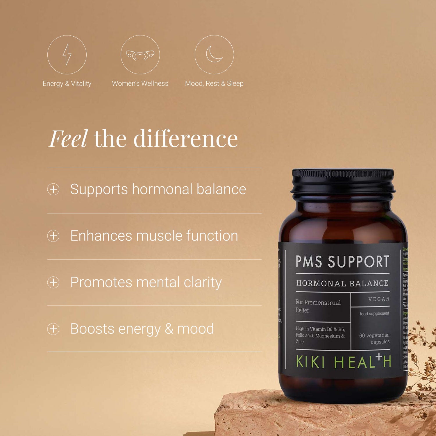 PMS Support supplement bottle on a beige background with product benefits listed