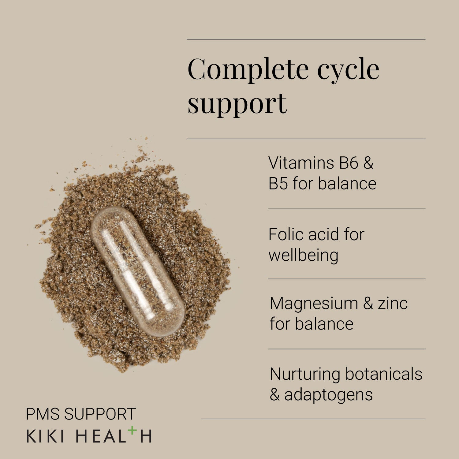 PMS supplement capsule with ingredients listed on a beige background