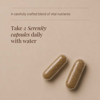 Serenity capsules on a beige background with text about a carefully crafted blend of vital nutrients