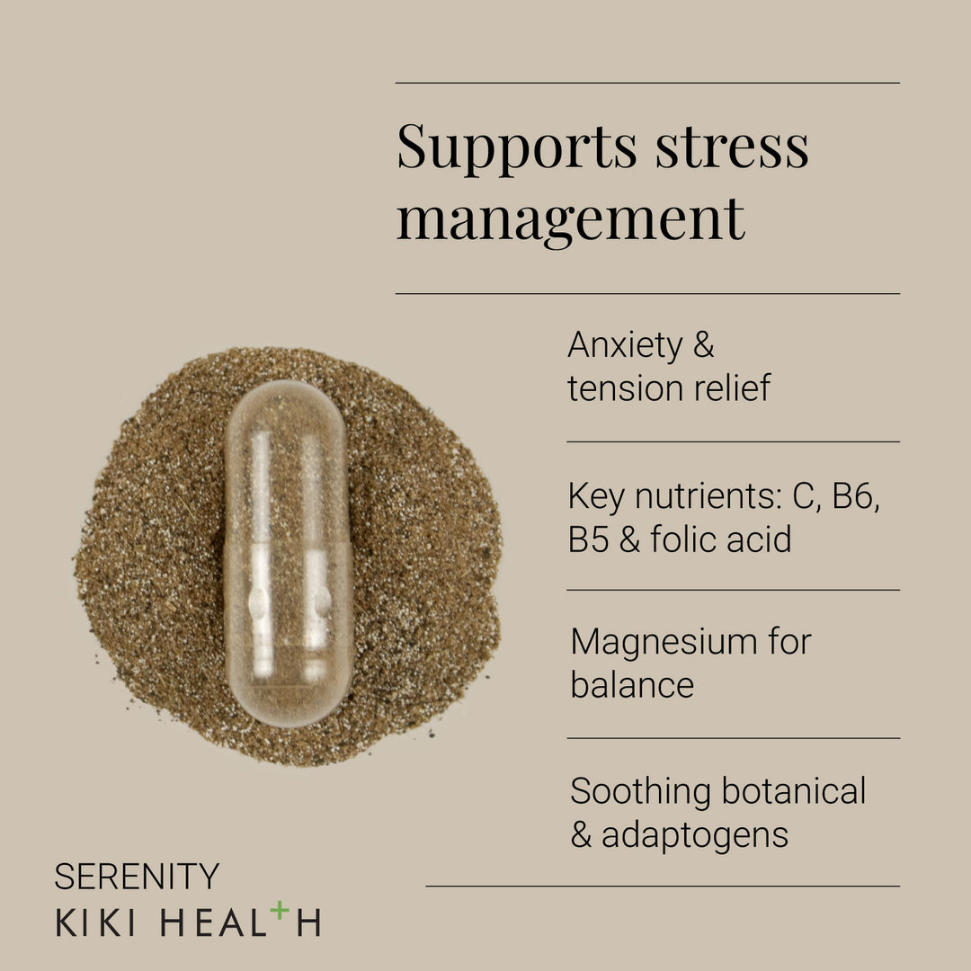 Serenity supplement featuring text about stress management on a beige background