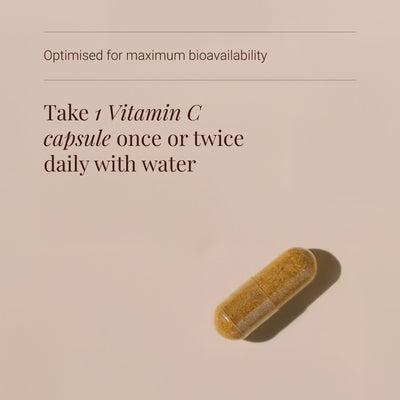Vitamin C capsule with text on a beige background