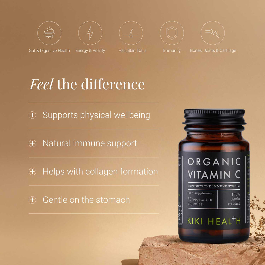 Organic Vitamin C supplement bottle with product benefits listed on beige background