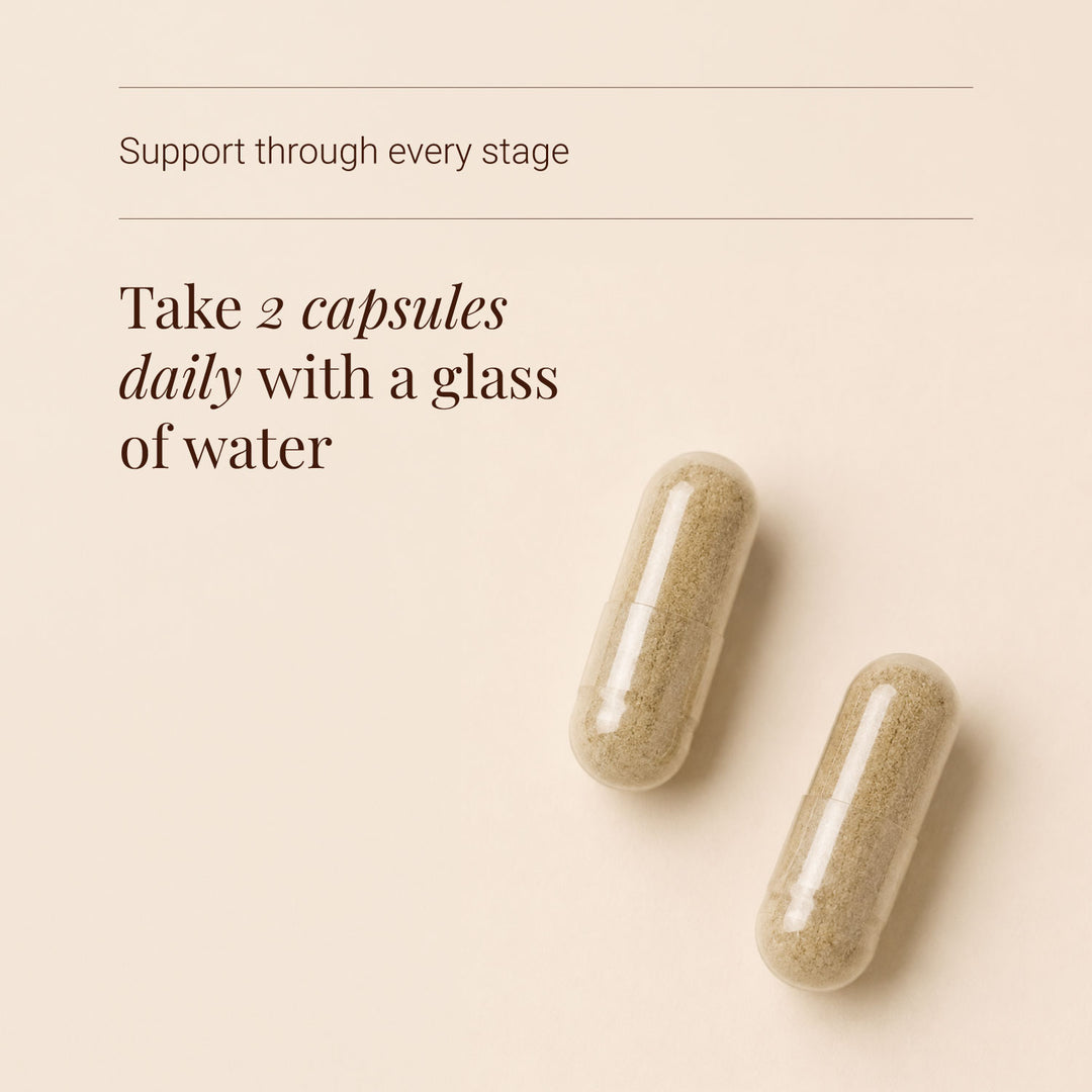 Menopause supplement on a beige background with text about daily consump