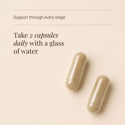 Menopause supplement on a beige background with text about daily consump