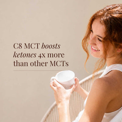 C8 MCT Oil with text about boosting ketones on lifestyle background