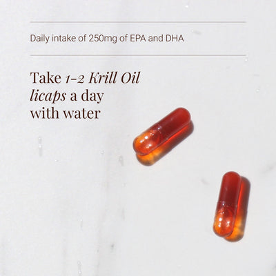 Krill oil capsules on a white background with text about krill oil intake
