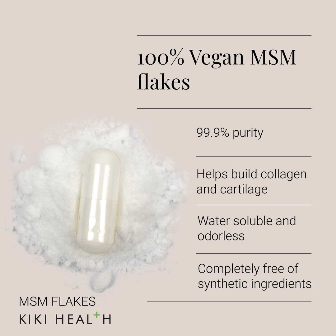 MSM flakes with product details on a beige background