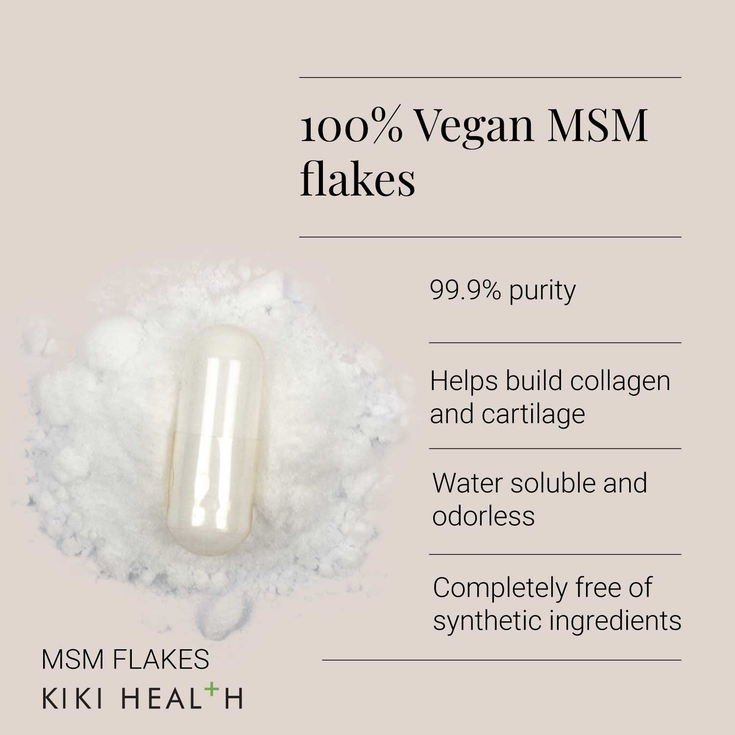 MSM flakes with product details on a beige background