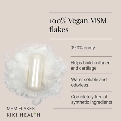 MSM flakes with product details on a beige background