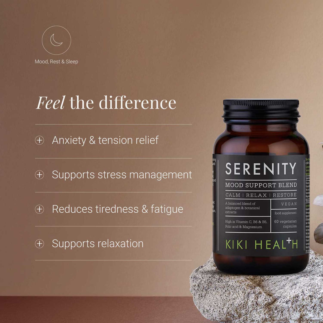Serenity mood support blend bottle with product benefits on a brown background