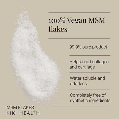 KIKI Health MSM Powder MSM flakes with product details on a beige background