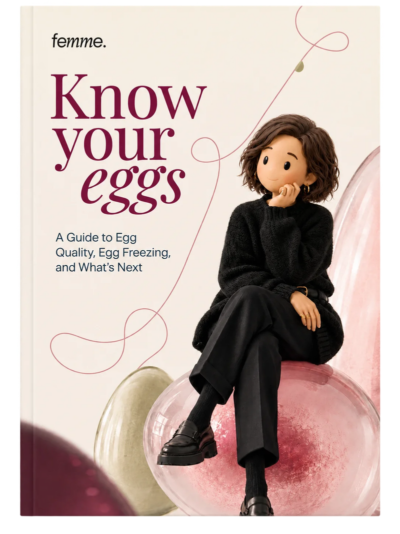 A person sits on large eggs with Know your eggs A Guide to Egg Quality, Egg Freezing, and What’s Next text.