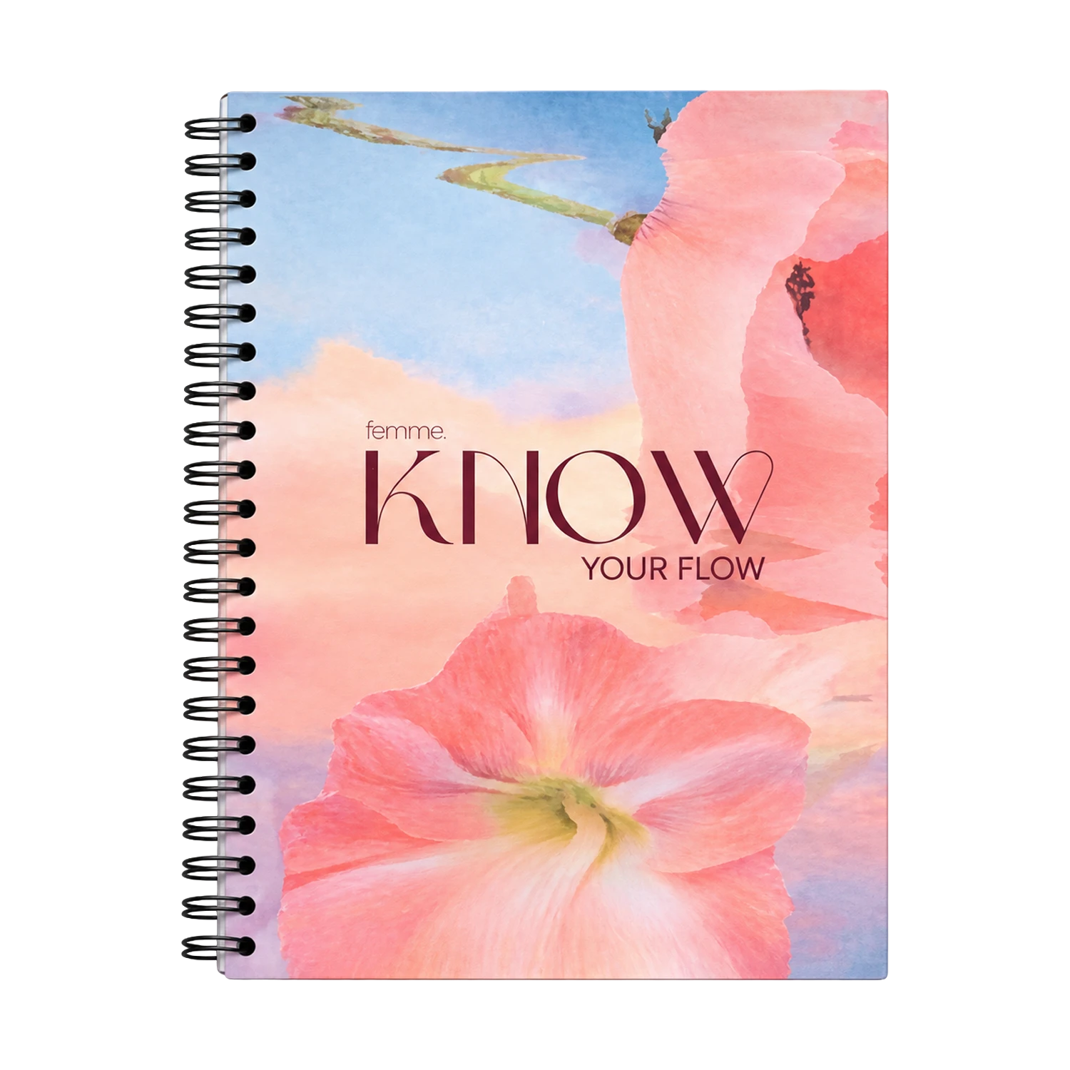 A spiral-bound notebook with a floral cover design featuring pink flowers and the text 'femme KNOW YOUR FLOW' on a white background.