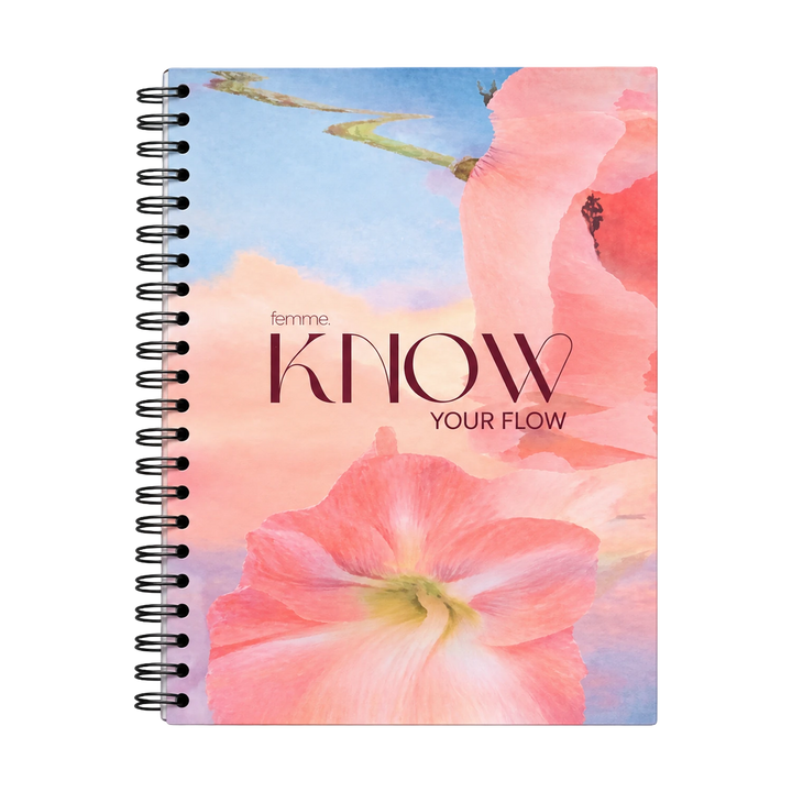 A spiral-bound notebook with a floral cover design featuring pink flowers and the text 'femme KNOW YOUR FLOW' on a white background.