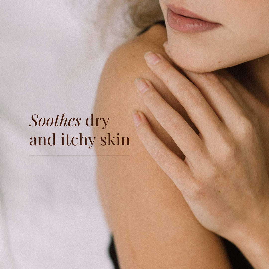 Black seed oil benefit 'Soothes dry and itchy skin' on lifestyle background