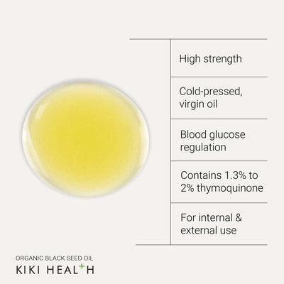 KIKI Health organic black seed oil with product details on a white background