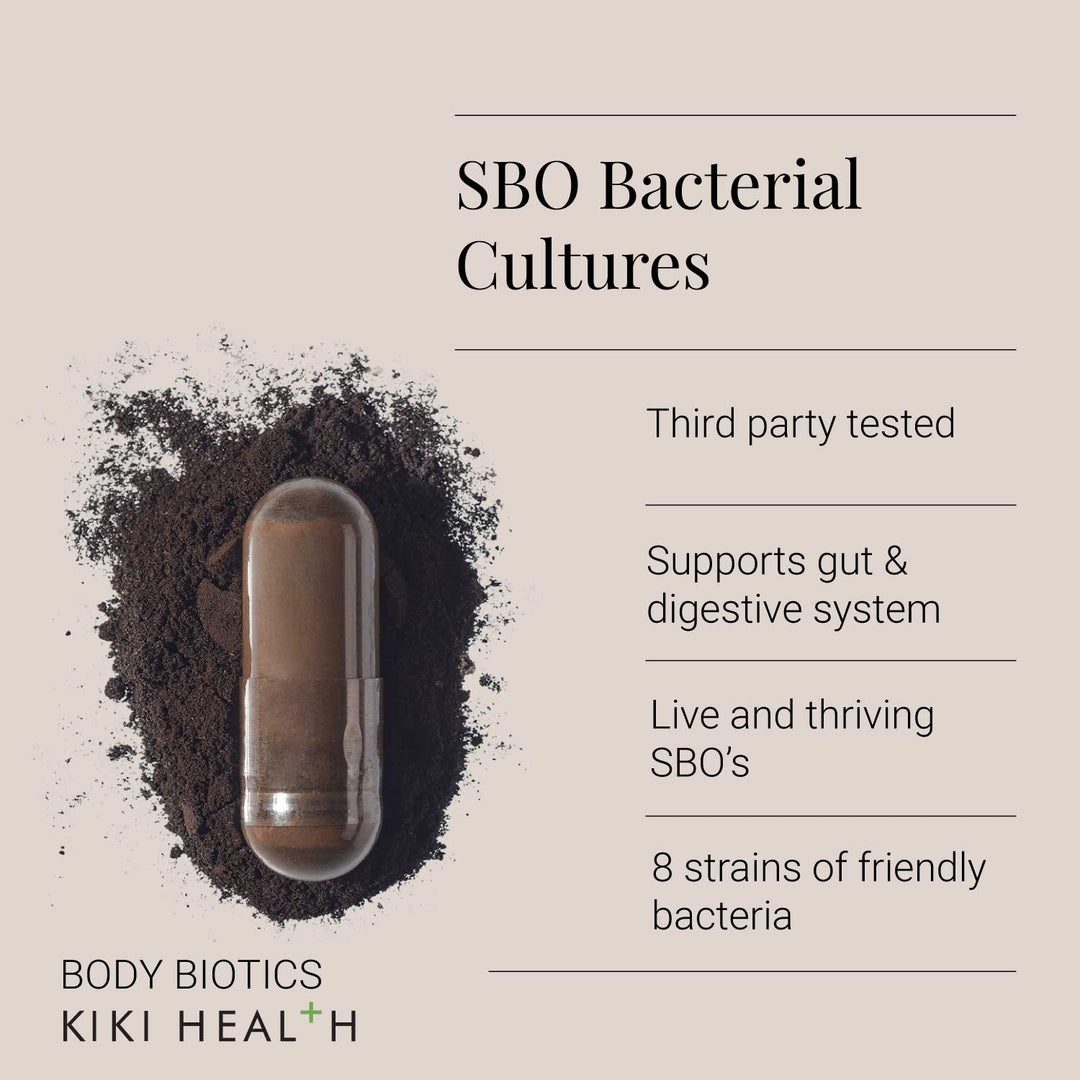 Body Biotics 'SBO Bacterial Cultures' by Kiki Health on a beige background.