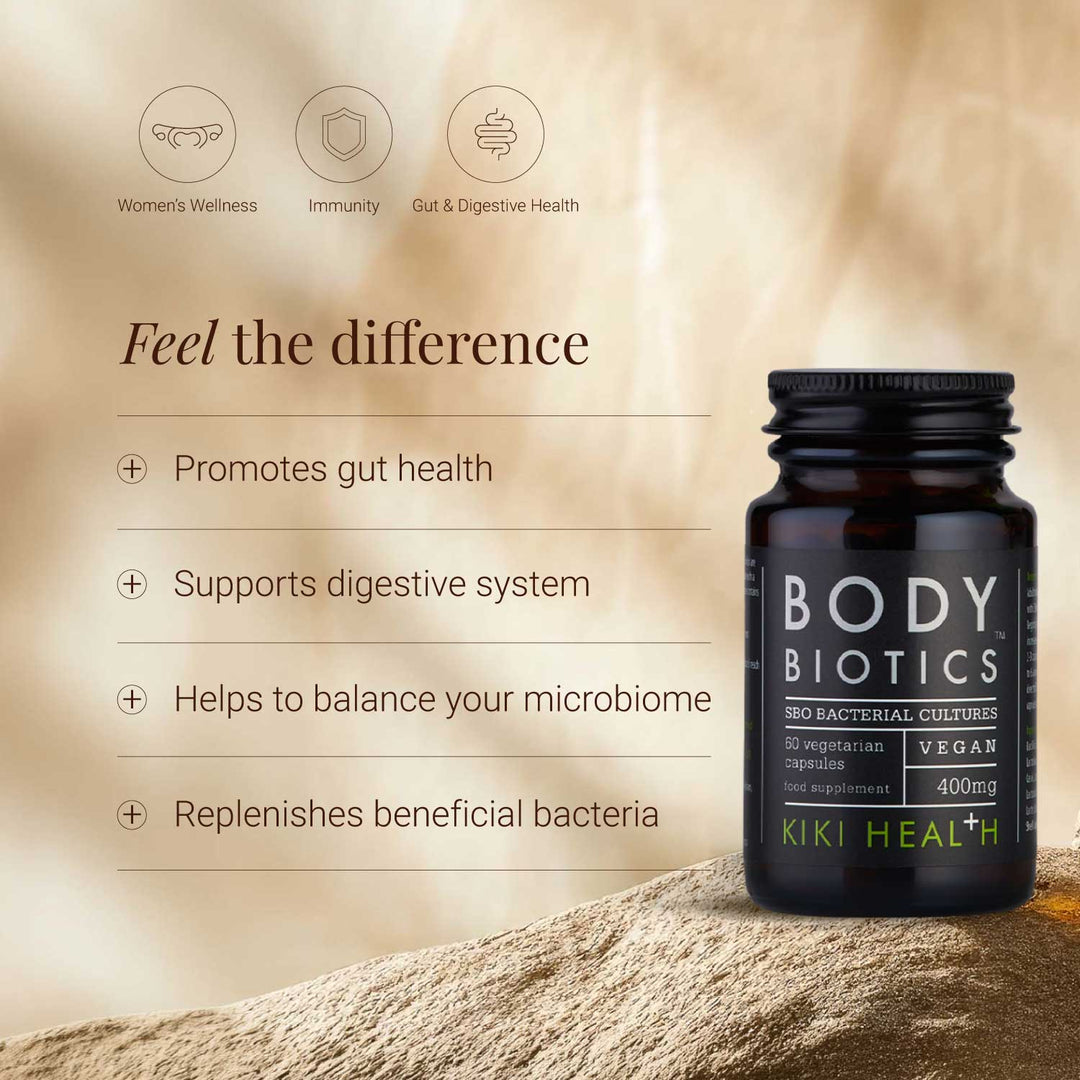 Body Biotics supplement bottle with benefits on a beige background