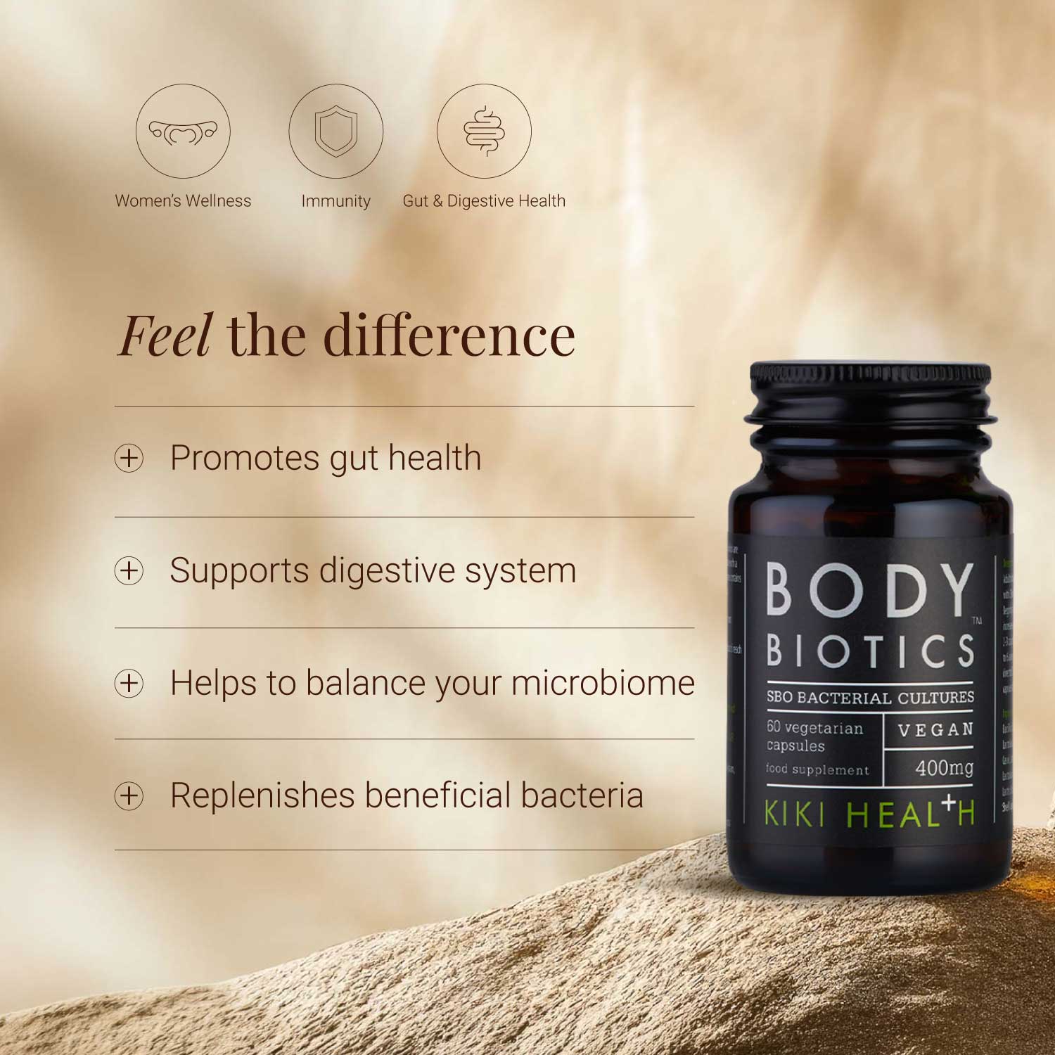 Body Biotics supplement bottle with benefits on a beige background